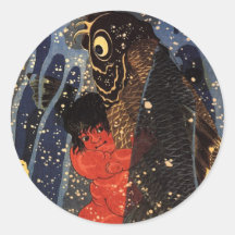 坂田金時と巨鯉, 国芳, Sakata Kintoki & Huge Carp, Kuniyoshi Round Stickers