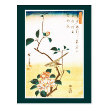 歌川広重 Camellia and Bush Warbler, Hiroshige Post Card
