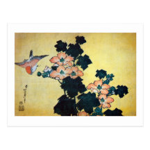 芙蓉に雀, 北斎 Hibiscus Mutabilis and Sparrow, Hokusai Postcards