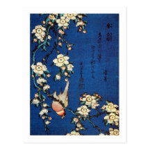 鳥と枝垂桜, 北斎 Bird and Weeping Cherry Tree, Hokusai Post Cards