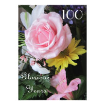 100th Birthday Celebration!-Pink Rose Bouquet Custom Invitation