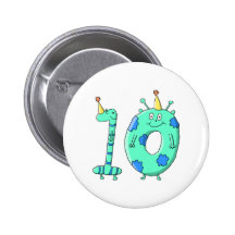 10th Birthday Cartoon, Teal Green and Blue. Buttons