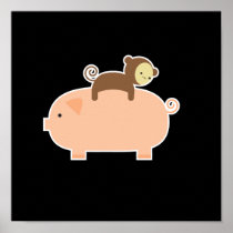11" x 11" Baby Monkey Riding on a Pig Posters