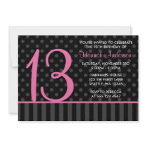 13th Birthday Pink and Black Polka Dot Stripes