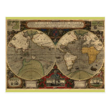1595 Vintage World Map by Jodocus Hondius Post Cards