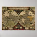 "1595 World Map of Hondius" Historic Map posters