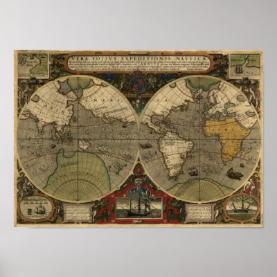 "1595 World Map of Hondius" Historic Map Print by RavenSpiritPrints
