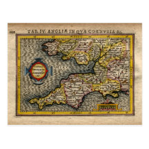 1610 Map of Cornwall, Devon, Somerset, etc... Postcard