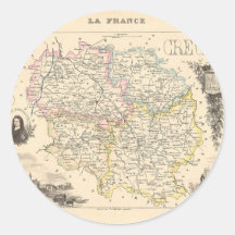 1858 Map of Creuse Department, France Round Sticker