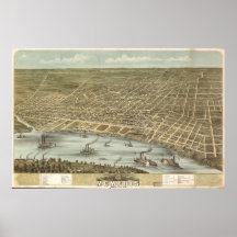 1870 Memphis, TN Birds Eye View Panoramic Map Print