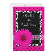 18th Birthday Black White Zebra Pink Spot Flower Personalized Announcement