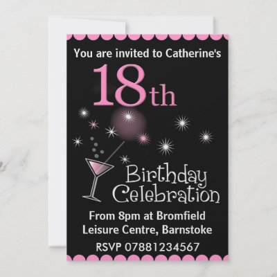 18th Birthday Cake on 18th Birthday Party Invitation With A Cocktail Glass Design  Pink