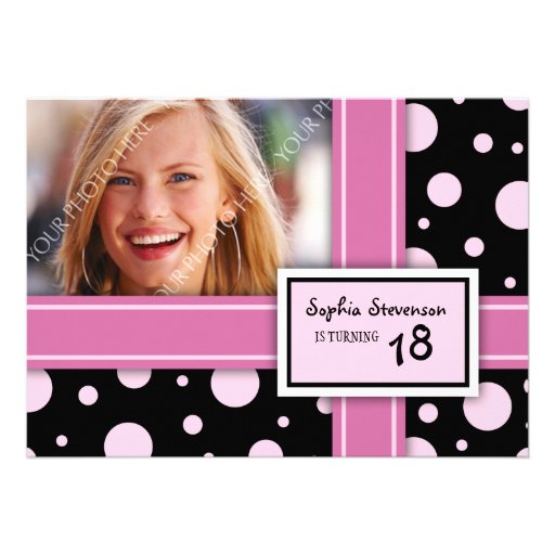 18th Birthday Party Invitation Pink Black Dots