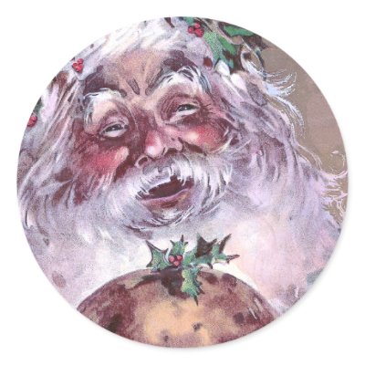 1908 Santa with Plum Pudding Vintage Christmas Round Sticker by pinkalmond