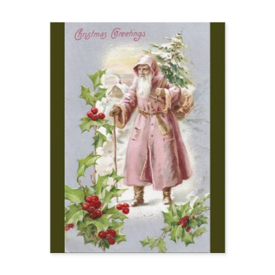 1916 Santa in Pink Coat with Tree Postcard by pinkalmond