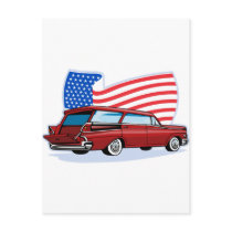 1950's styled station wagon with American flag Post Card