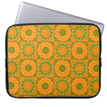 1970s flower power orange and olive green retro laptop sleeves