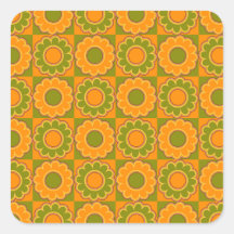 1970s flower power orange and olive green retro square stickers