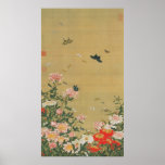 1. 芍薬群蝶図, 若冲 Flower and Butterfly, Jakuchu Posters