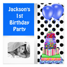 1st Birthday Balloons Gifts Black & White Blue Announcement