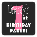 1st Birthday Custom Name Pink and Black Square Stickers