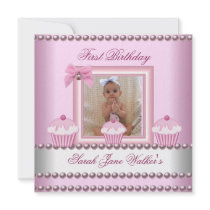 1st Birthday Girl Pink Cupcakes White Pearl Baby