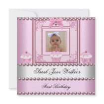 1st Birthday Girl Pink Cupcakes White Pearl Baby