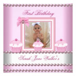 1st Birthday Girl Pink Cupcakes White Pearl Baby Personalised Invites