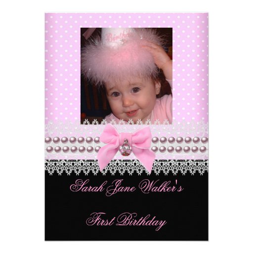 1st Birthday Girl Pink White Pearl Photo First 2 Custom Announcement