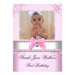 1st Birthday Girl Pink White Pearl Photo First Personalized Invites