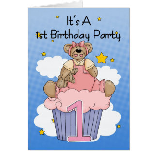Teddy Bear Birthday Party on 1st Birthday Party Invitation With Pink Teddy Bear Greeting Cards