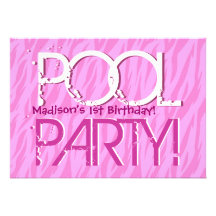 1st Birthday Pool Party Pink Zebra Waves Template Invitations