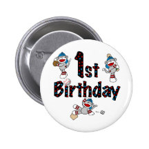 1st Sock Monkey Baseball Birthday Button