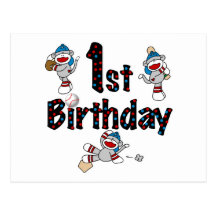 1st Sock Monkey Baseball Birthday Post Card