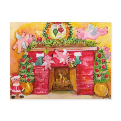 2010 Christmas Decorating Flying Pigs Postcard by sharonfosterart