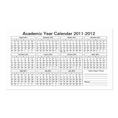 2011 - 2012 Academic Calendar (Classes) 100ct Business Card Template by QuiK16SchoolSTARS
