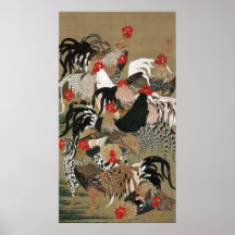 20. 群鶏図, 若冲 Flock of Roosters, Jakuchu Print
