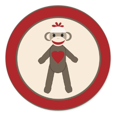 20 - 1.5"  Envelope Seal Red Sock Monkey Stickers by AnnLeeDesigns