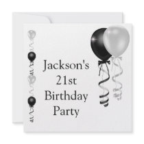 21st Birthday Black Silver White Balloons Custom Invitation