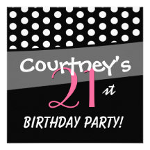 21st Birthday Black White Pink Polka Dots Personalised Invitation