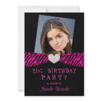 21st Birthday Party Photo Invitations - Pink Zebra