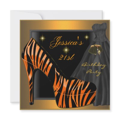 21st Birthday Party Shoe Gold Orange Black Zebra Personalised Invites by Zizzago