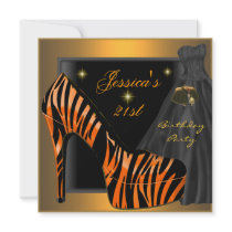 21st Birthday Party Shoe Gold Orange Black Zebra Personalised Invites
