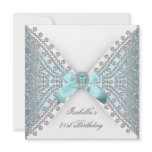 21st Birthday Party Teal Blue Silver White Diamond Custom Announcement