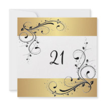 21st Birthday Party White Gold Black Floral Personalized Invites