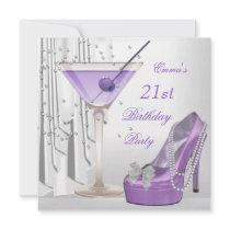 21st Birthday Party White Lilac Martini Pearl Shoe Custom Invitation