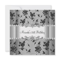 21st Birthday Party White Pearl Black Lace Personalized Announcement