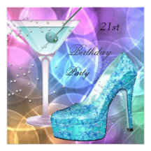 21st Birthday Party White Pink Teal Martini Shoe Personalized Invites