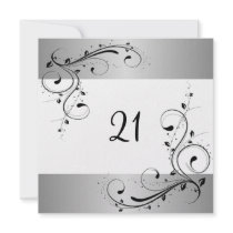 21st Birthday Party White Silver Black Floral Personalized Invitation