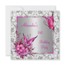 21st Birthday Pink Floral Butterfly Silver White Invitation